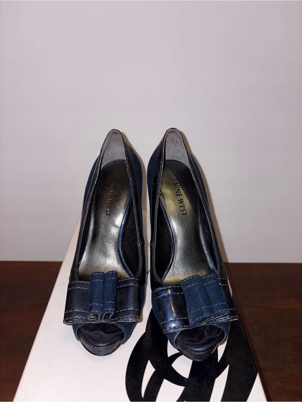 Nine West Navy Peep-Toe Heels with Front Bow Accent